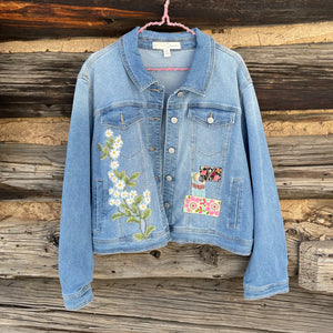 Tessa "Hand Me Downs" Upcycled Flower Patch Peace Denim Jacket size XL