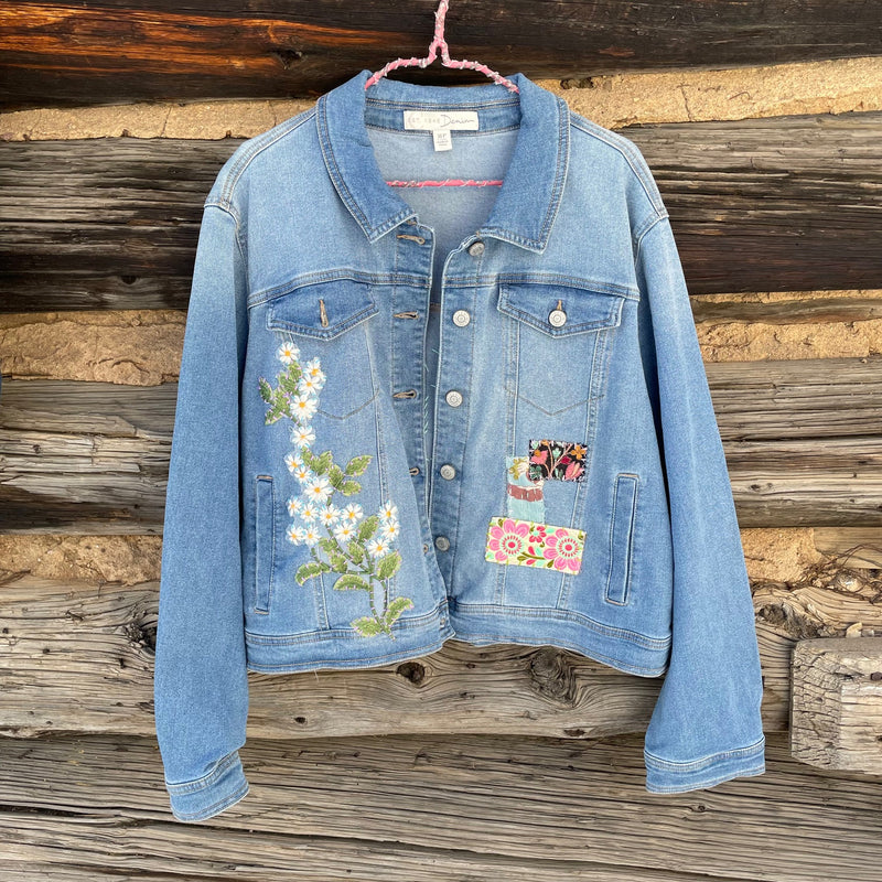 Tessa "Hand Me Downs" Upcycled Flower Patch Peace Denim Jacket size XL