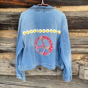 Tessa "Hand Me Downs" Upcycled Flower Patch Peace Denim Jacket size XL