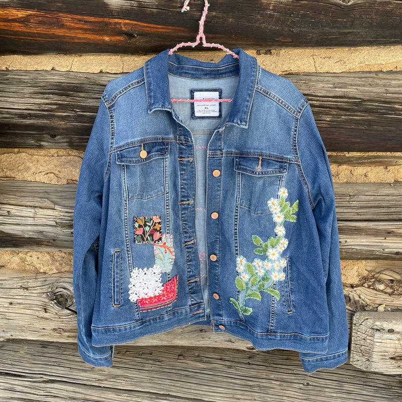 Tessa "Hand Me Downs" Upcycled Flower Patch Denim Jacket size XL