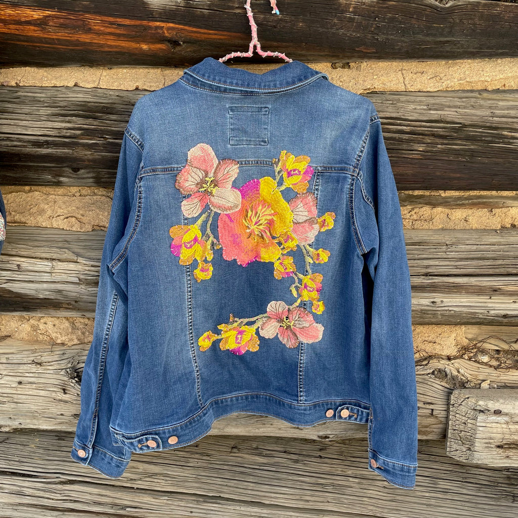 Tessa "Hand Me Downs" Upcycled Flower Patch Denim Jacket size XL