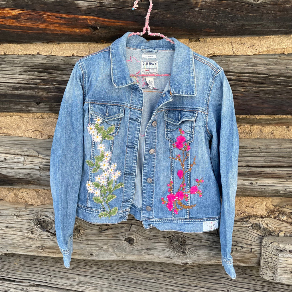 Tessa "Hand Me Downs" Upcycled Flower Denim Jacket size M