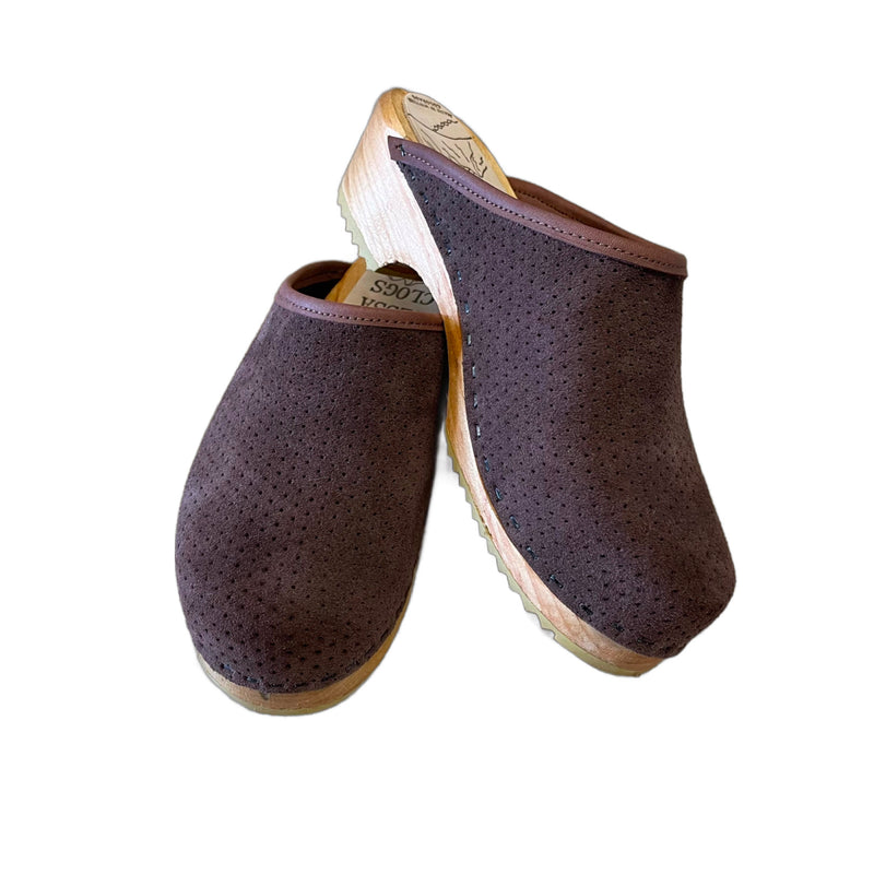 Traditional Heel Brown Perforated Suede Clog