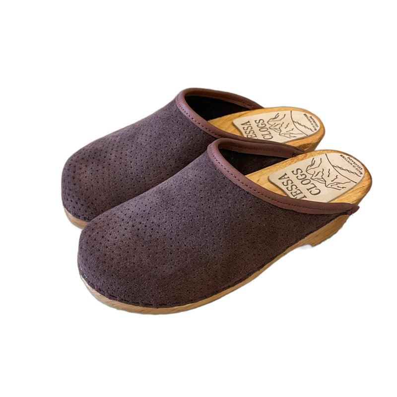 Traditional Heel Brown Perforated Suede Clog