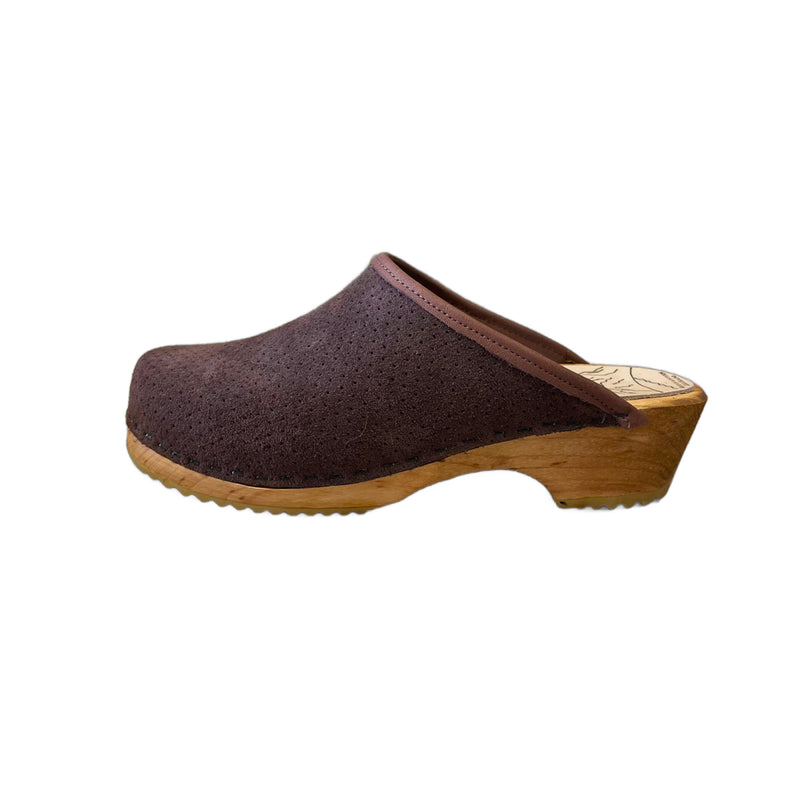 Traditional Heel Brown Perforated Suede Clog