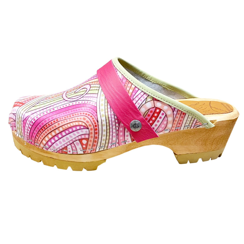 Pink Swirl Printed Leather on Mountain Sole with Fuchsia  Strap