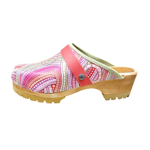 Pink Swirl Printed Leather on Mountain Sole with Coral Red  Strap