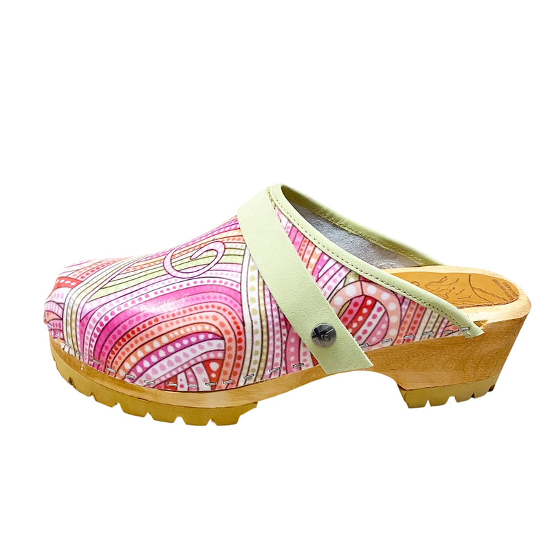 Pink Swirl Printed Leather on Mountain Sole with Lime Green Strap