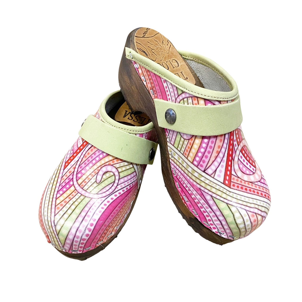Pink Swirl Printed Leather with Lime Green Edge band, Lime Green Strap and Brown Stained traditional heel 
