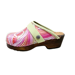 Pink Swirl Printed Leather with Lime Green Edge band, Lime Green Strap and Brown Stained traditional heel