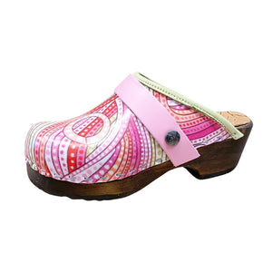 Pink Swirl Printed Leather with Lime Green Edge band, Rose Pink Strap and Brown Stained traditional heel