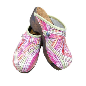 Pink Swirl Printed Leather with Lime Green Edge band, Pink Swirl Strap and Brown Stained traditional heel