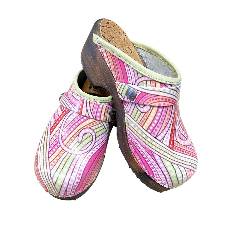 Pink Swirl Printed Leather with Lime Green Edge band, Pink Swirl Strap and Brown Stained traditional heel