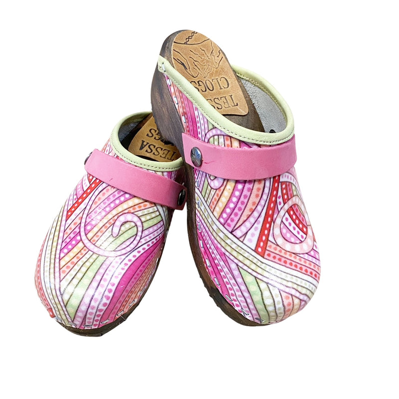 Pink Swirl Printed Leather with Lime Green Edge band, Hot Pink Strap and Brown Stained traditional heel