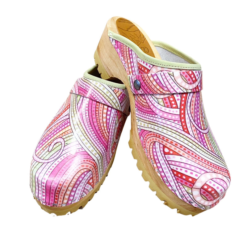 Pink Swirl Printed Leather on Mountain Sole with Pink Swirl Strap