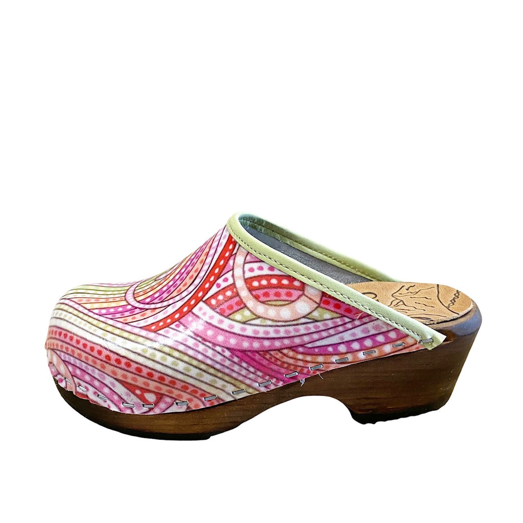 Pink Swirl Printed Leather with Lime Green Edge band, No Strap and Brown Stained traditional heel