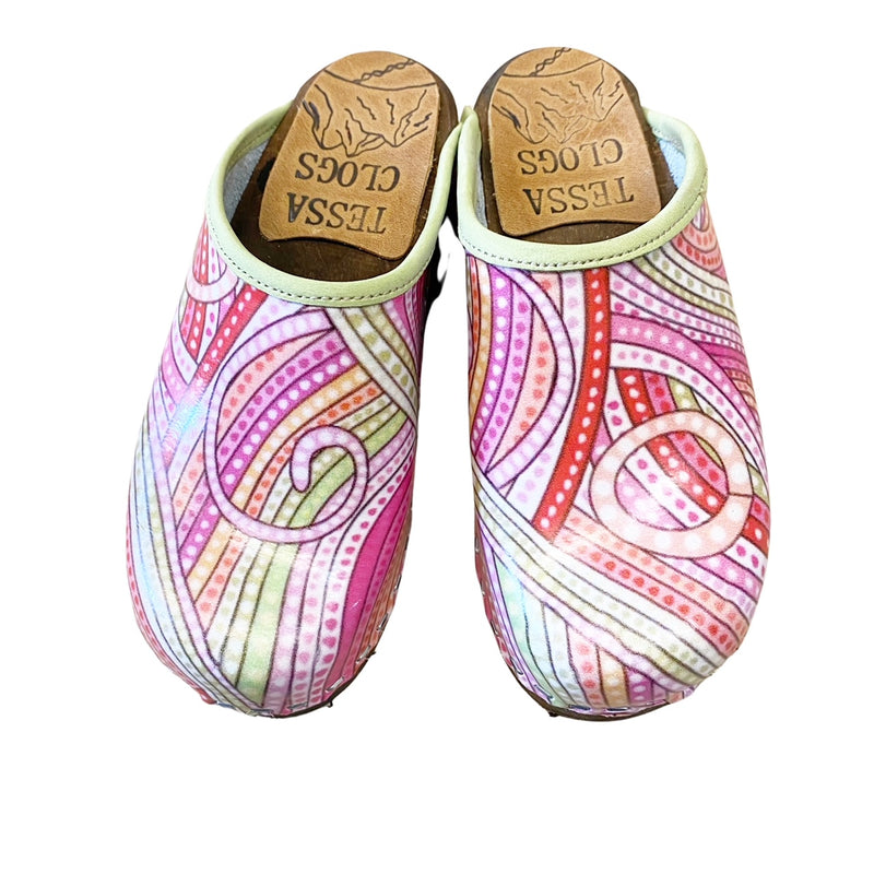 Pink Swirl Printed Leather with Lime Green Edge band, No Strap and Brown Stained traditional heel