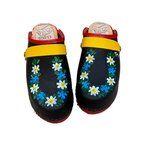 Hand painted Cornflower daisy traditional heel clogs