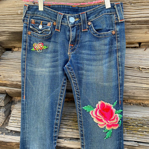 Tessa "Hand Me Downs"  Upcycled Jeans True Religion size 27
