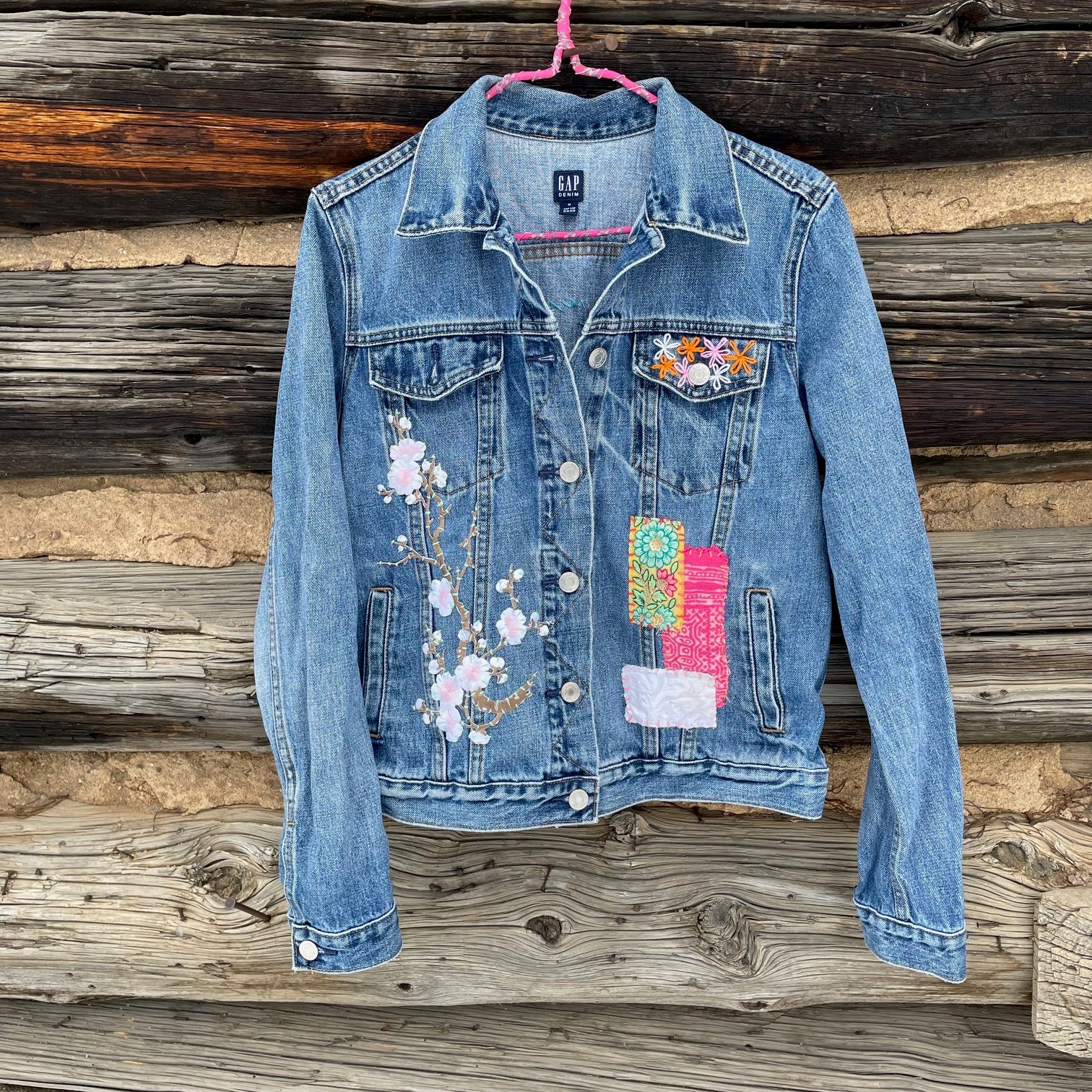 Tessa Upcycled Womens Denim Jacket Embroidered Flowers and Patches