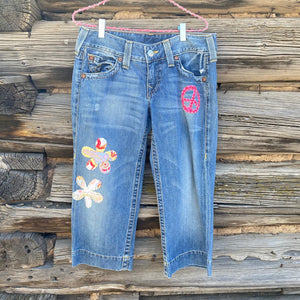 Tessa "Hand Me Downs"  Upcycled Jeans Capri True Religion size 29
