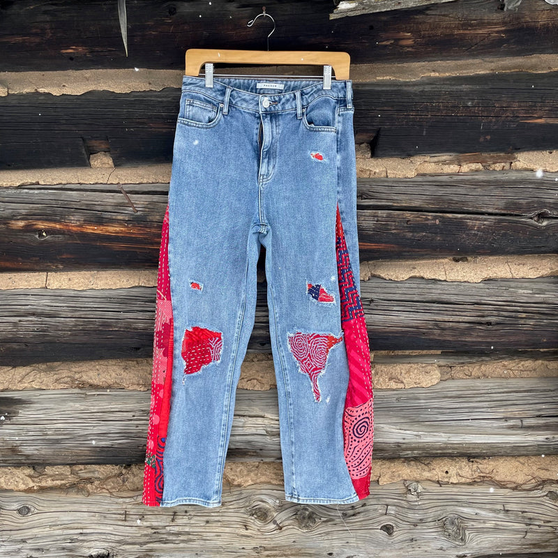 Red Quilt Barrel Shaped Upcycled Jeans