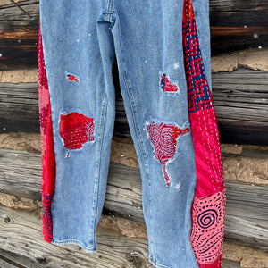 Red Quilt Barrel Shaped Upcycled Jeans