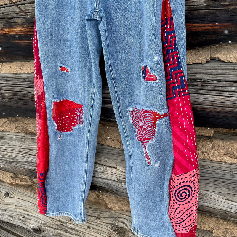 Red Quilt Barrel Shaped Upcycled Jeans