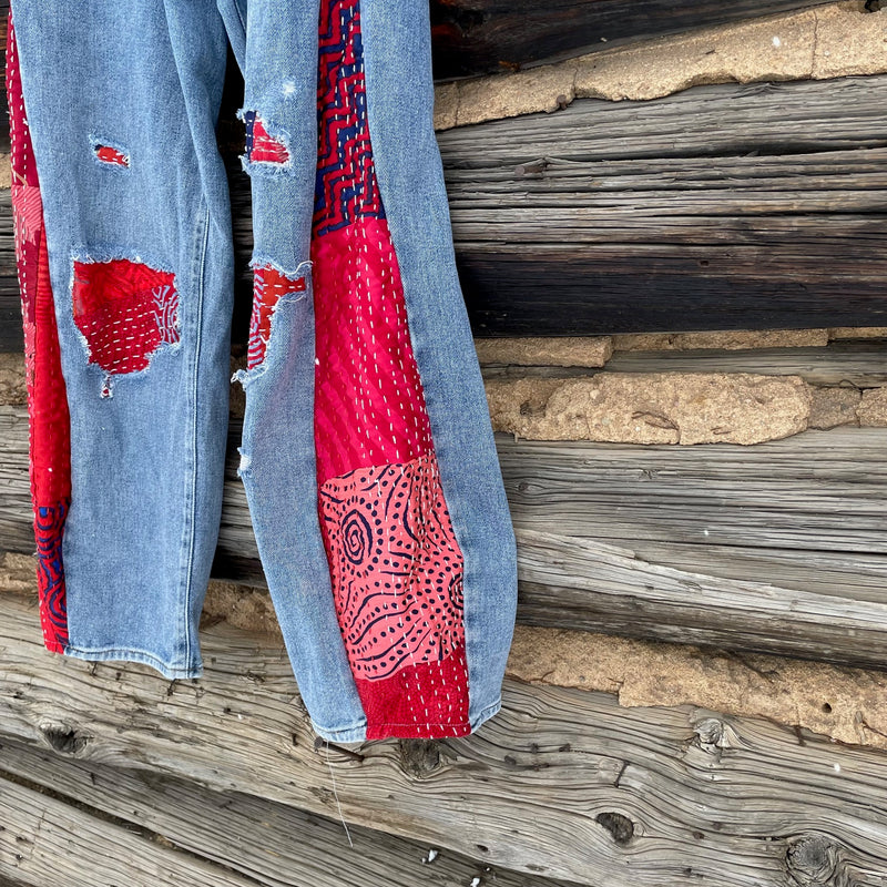 Red Quilt Barrel Shaped Upcycled Jeans