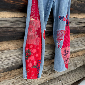 Red Quilt Barrel Shaped Upcycled Jeans