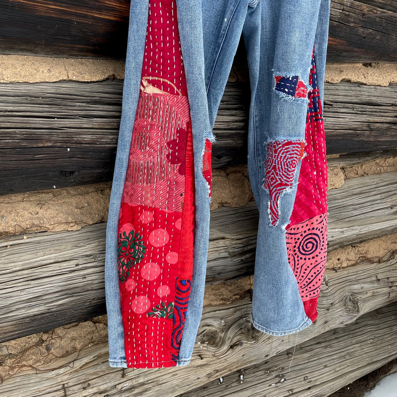 Red Quilt Barrel Shaped Upcycled Jeans