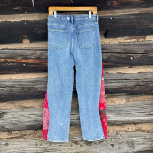 Red Quilt Barrel Shaped Upcycled Jeans