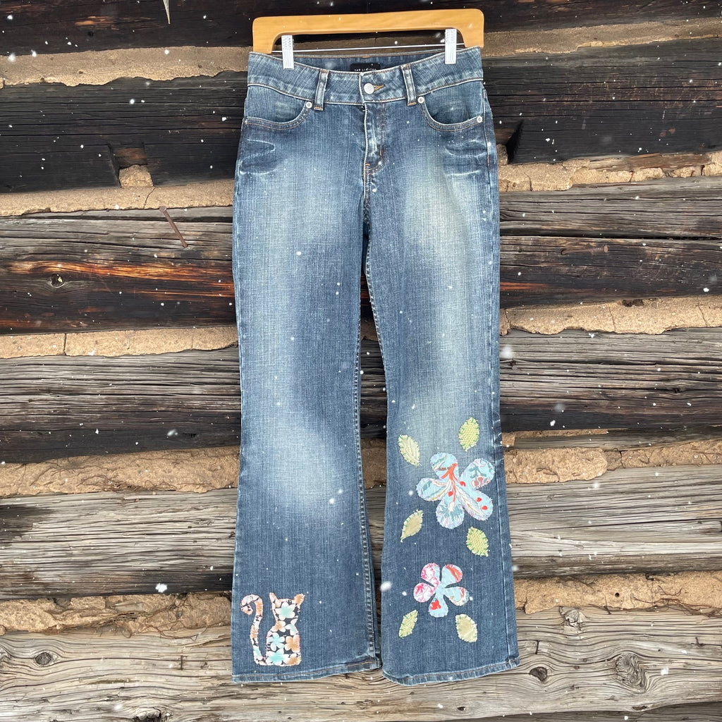 Upcycled cat and Flower Applique Jeans