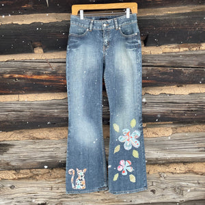 Upcycled cat and Flower Applique Jeans