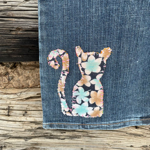 Upcycled cat and Flower Applique Jeans