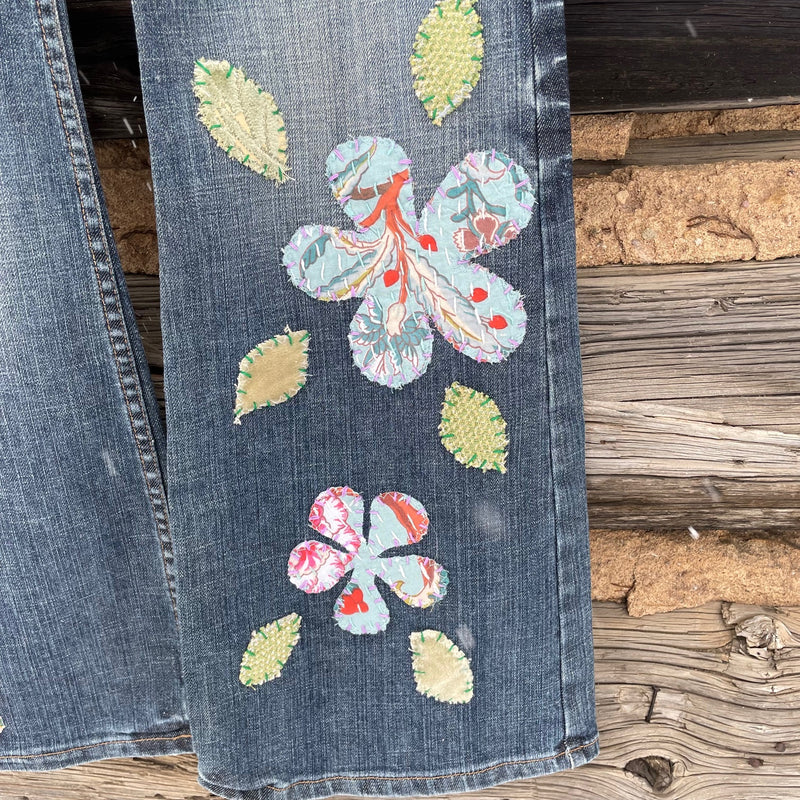 Upcycled cat and Flower Applique Jeans