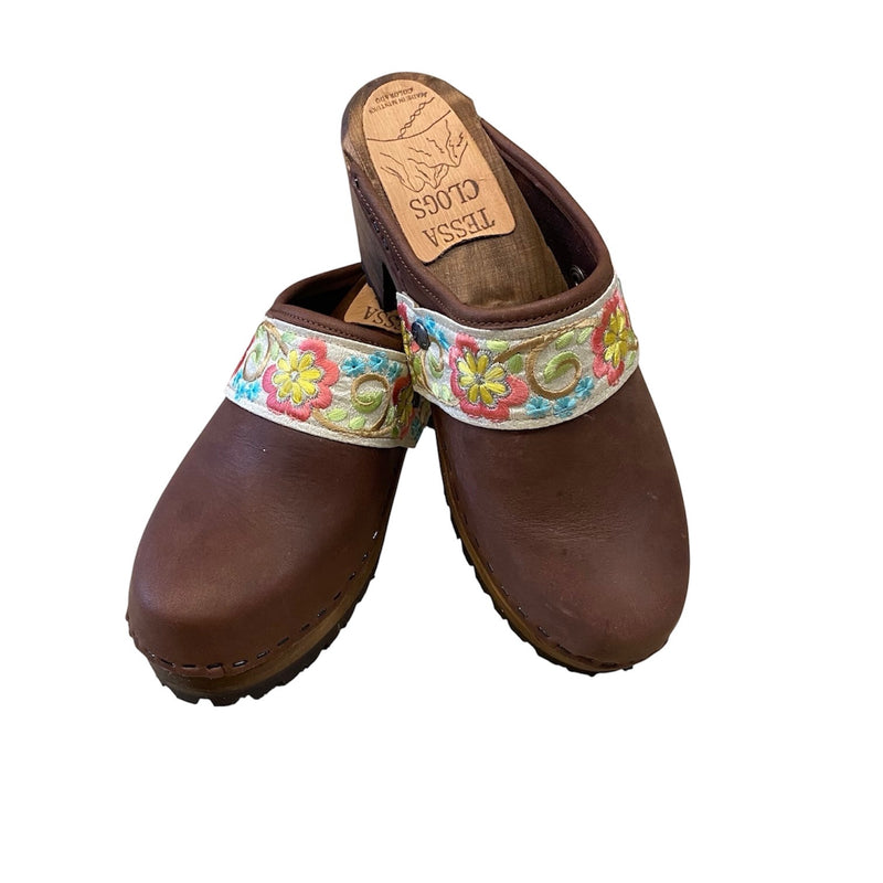 High Heel Mountain Sole Brown Oil Tanned Leather with your choice of Ribbon Snap Strap