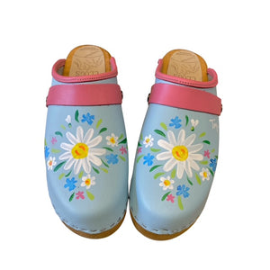 Light Blue Wooden Clogs with Hand Painted Flower design