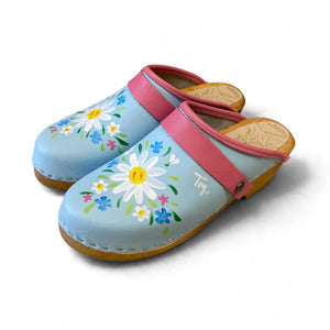 Light Blue Wooden Clogs with Hand Painted Flower design