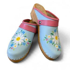 Light Blue Wooden Clogs with Hand Painted Flower design