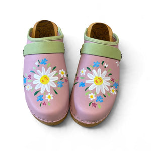 Light Pink Wooden Clogs with Hand Painted Flower Design