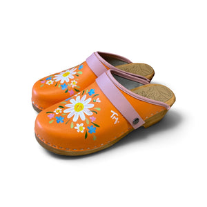 Orange clogs with hand painted flower design