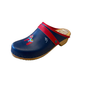 Traditional heel Tessa clog in navy blue leather with hand-painted Dala horse design on front of shoe with a plain red snap strap.