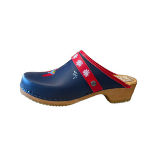 Traditional heel Tessa clog in navy blue leather with hand-painted Dala horse design on front of shoe.