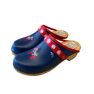 Traditional heel Tessa clog in navy blue leather with hand-painted Dala horse design on front of shoe.