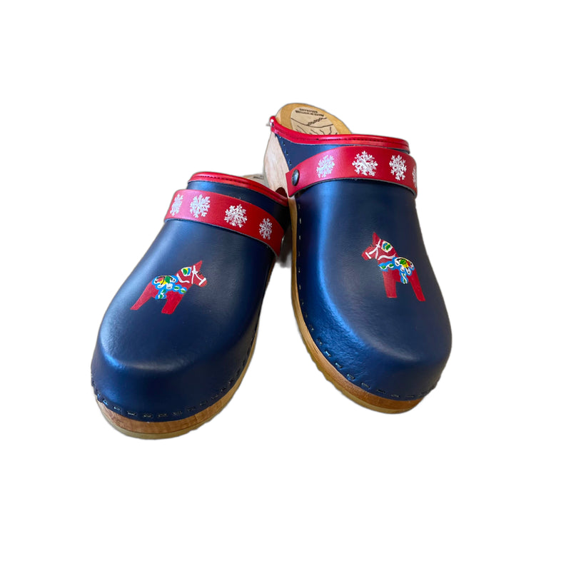 Traditional heel Tessa clog in navy blue leather with hand-painted Dala horse design on front of shoe on both left and right feet.