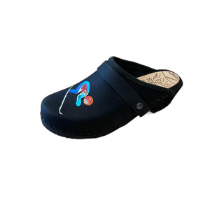 Traditional heel clog in black leather and black stained soles, with our special edition world championship hand painted design on each shoe. Shown with a black snap strap.