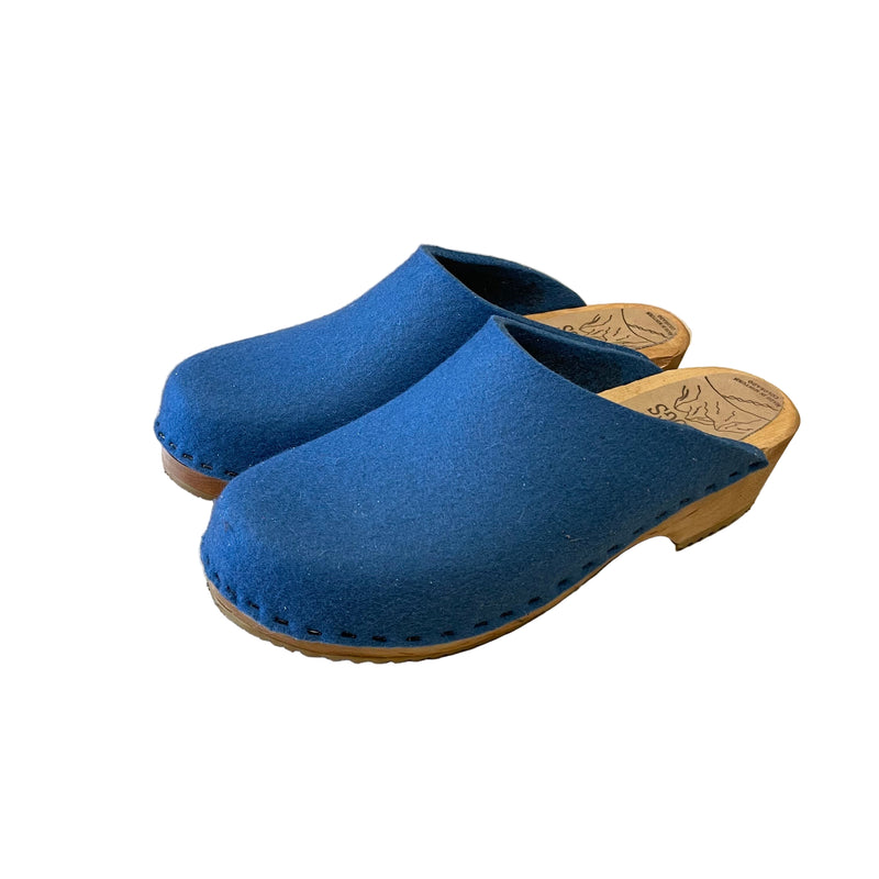 blue felt wool clogs on wooden sole