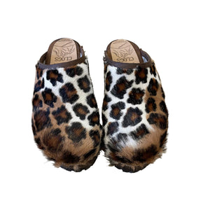 Leopard print leather on wooden sole clog