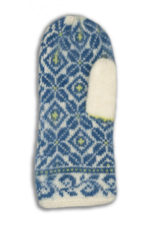 Knitted mitten with blue and white pattern on a white background